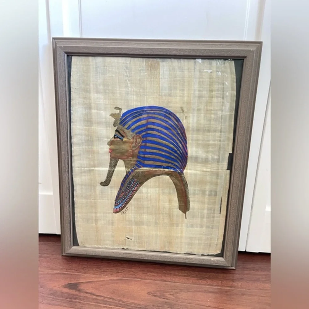 Vintage Egyptian papyrus hand, painted framed